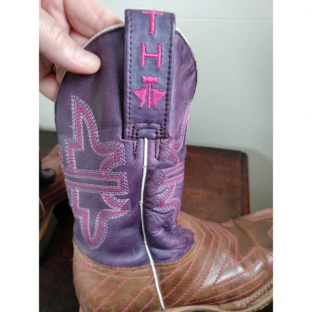 Tin Haul Starlight Cowgirl Boots Youth Kids Size 2 Purple Brown Square Toe USA